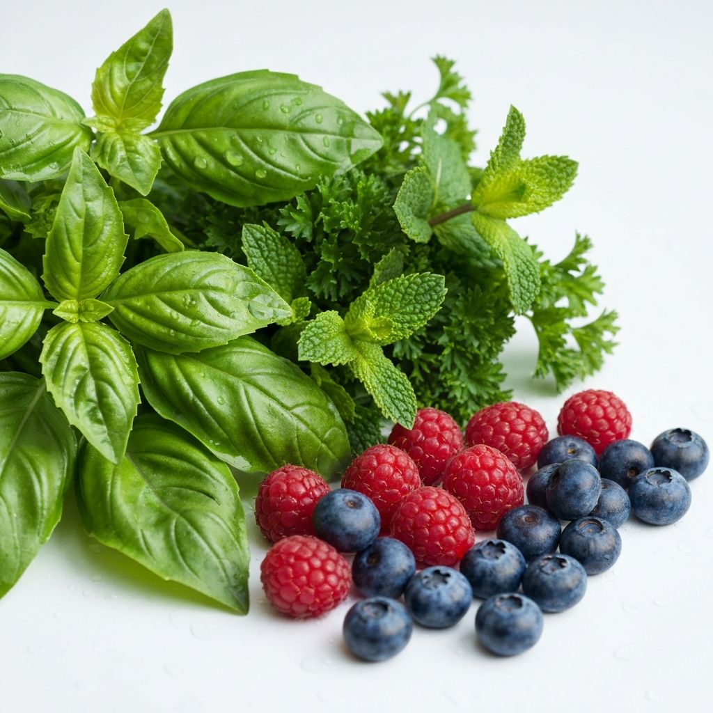 Frische Kräuter und Beeren in natürlichem Licht